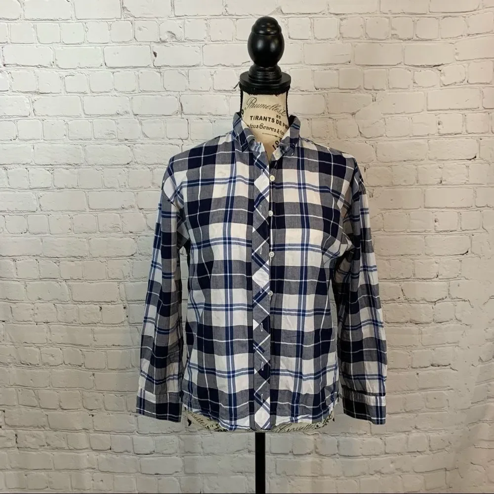 J Crew Step Hem Button Down Shirt PS Cotton Stretch Blue Plaid Long Sleeve